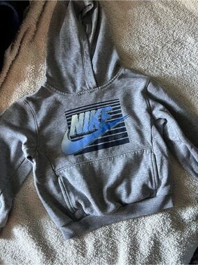Nike Gray Kids Hoodie with Blue Gradient Swoosh